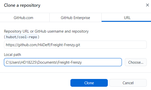 Pasting the repository URL in GitHub Desktop
