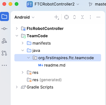 TeamCode folder in the Android Studio project tree